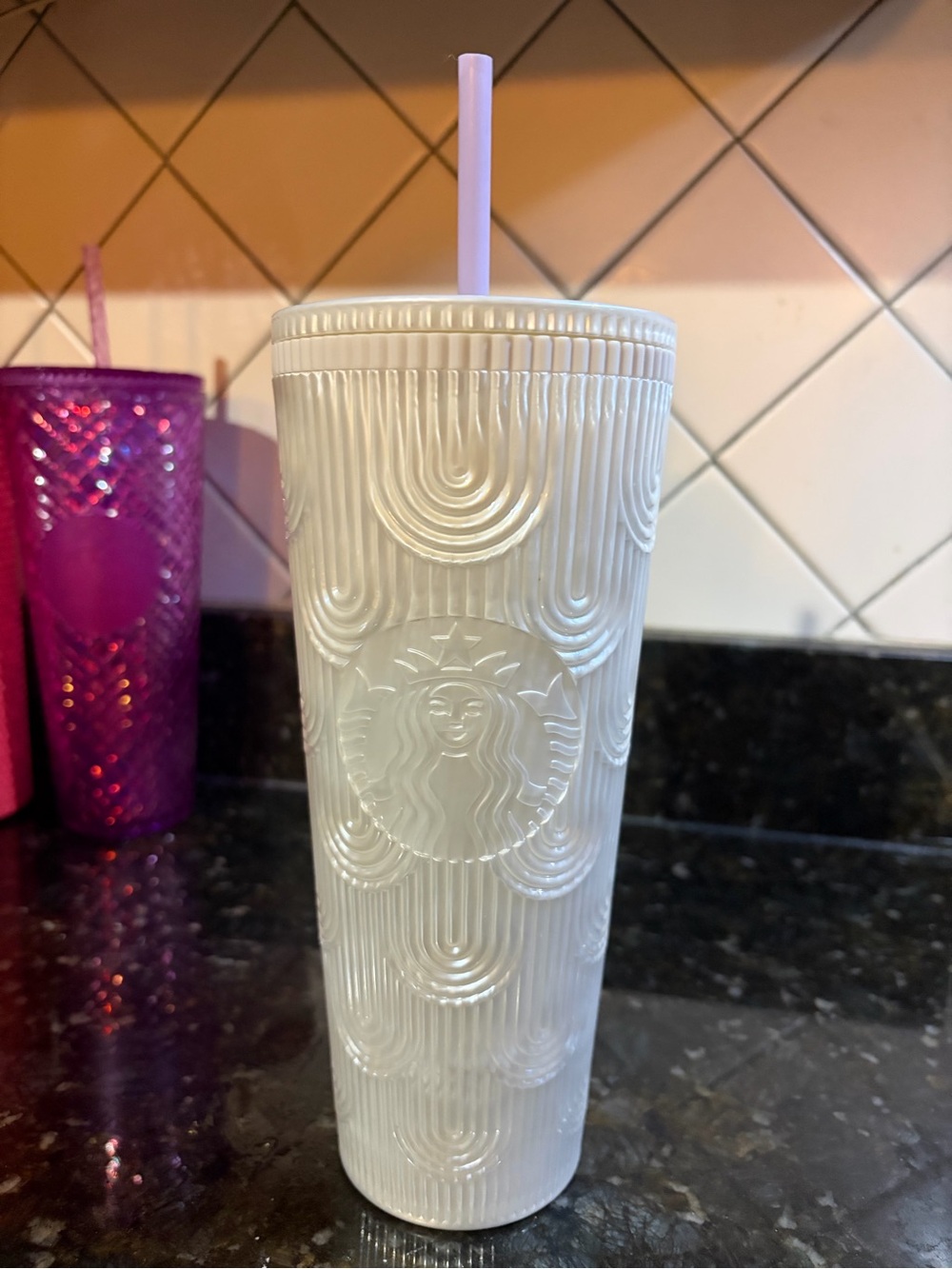Starbucks White Pearl Embossed Tumbler Lilac Straw LIMITED EDITION RARE MERMAID